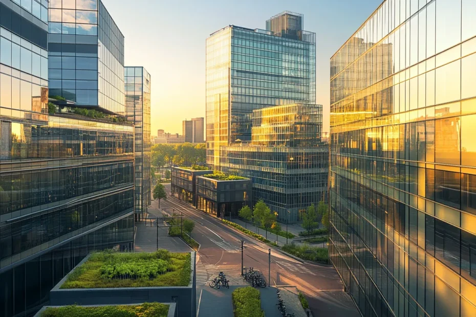 Modern business center in the Netherlands with sleek glass buildings, green rooftops, and sustainable architecture