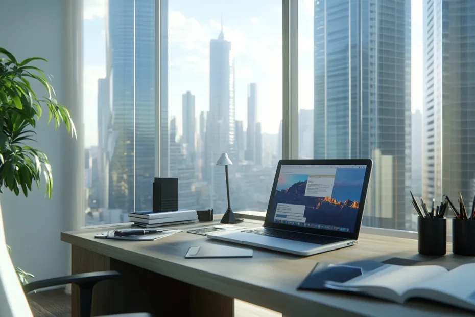 Stijlvolle virtuele kantoorruimte met laptop en kantoorbenodigdheden, moderne inrichting en stadszicht, zonder mensen