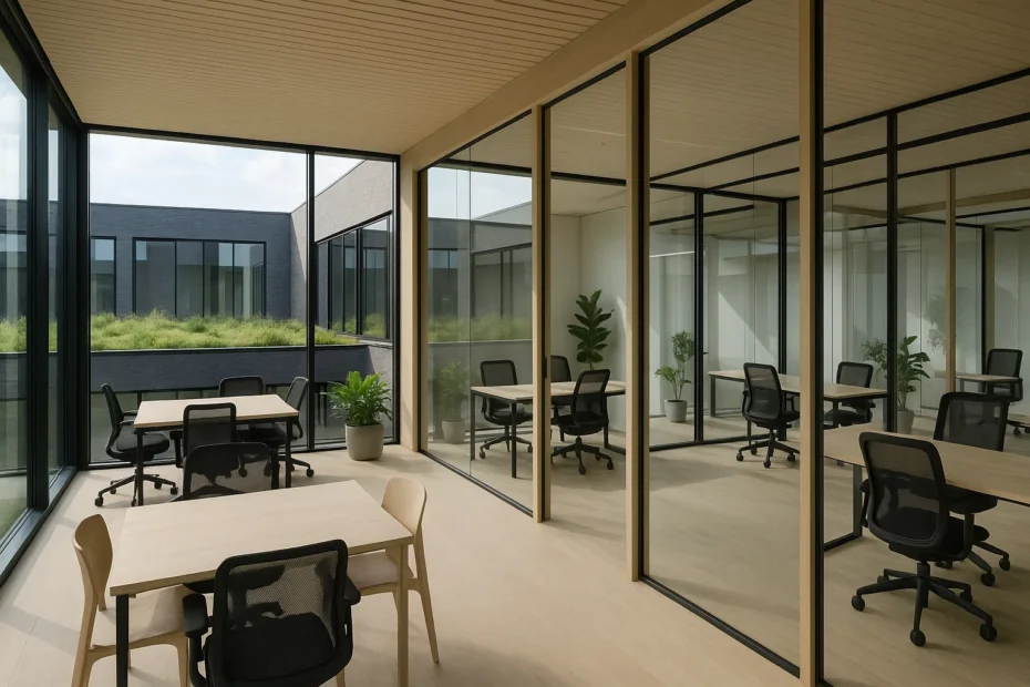 Modern bedrijvencentrum in Nederland met ergonomisch meubilair, natuurlijke verlichting, flexibele werkplekken en een duurzaam ontwerp zonder mensen of tekst.