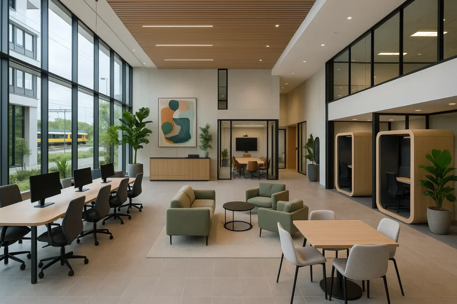 Gedeeld kantoorgebouw met moderne coworkingruimtes, vergaderzalen, ergonomisch meubilair en een stijlvolle lobby nabij een OV-knooppunt.
