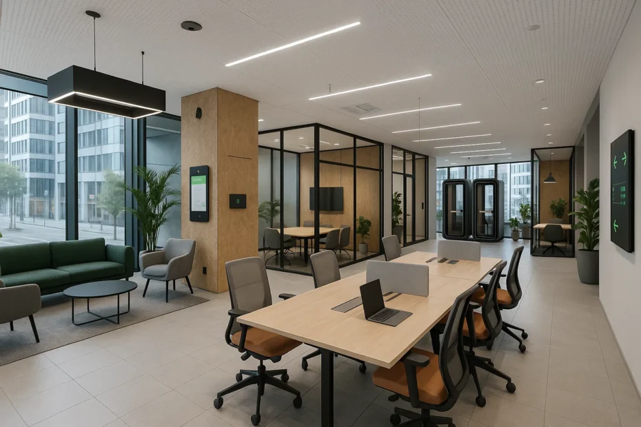 Modern business center met flexibele kantoorruimtes, gedeelde lounges, receptie en duurzame voorzieningen op een centrale locatie.