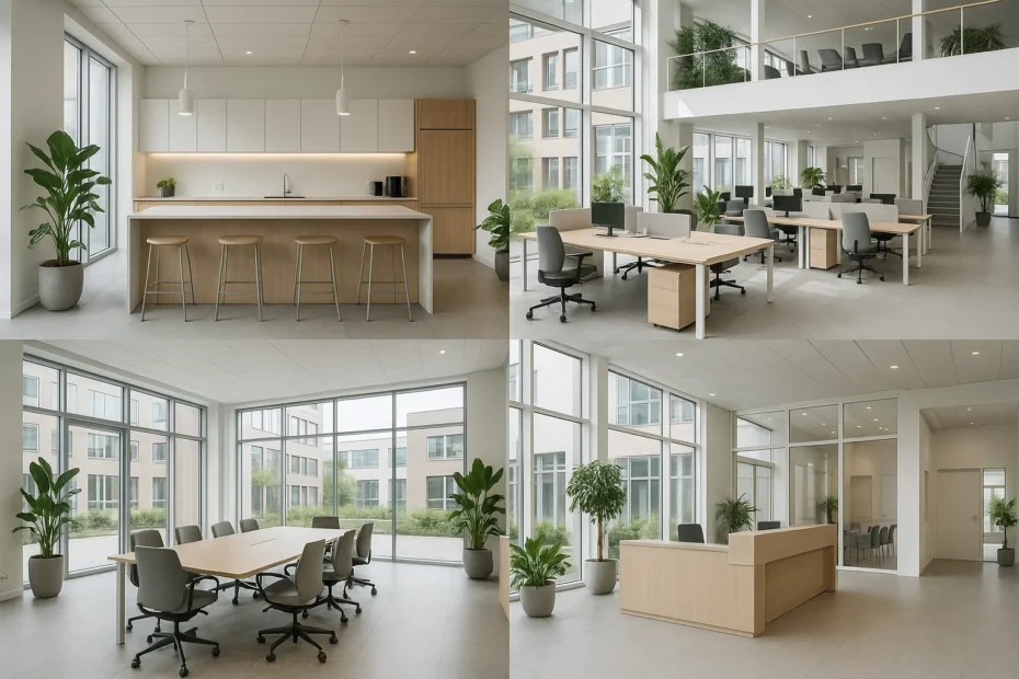 Gedeelde kantoorruimte in een modern multi-tenant gebouw met gezamenlijke voorzieningen in Nederland.