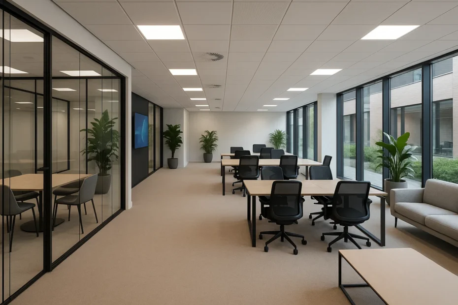 Modern businesscenter met gedeelde werkplekken, vergaderruimte en duurzame voorzieningen in Nederland.