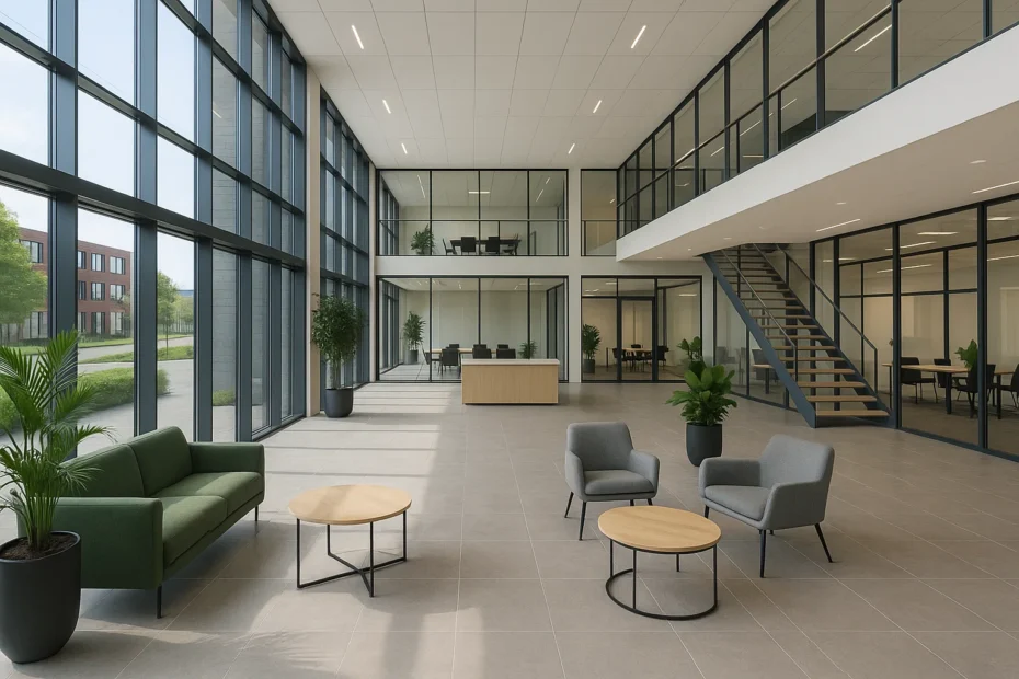 Modern Nederlands business center met glazen gevel, ruime lobby en flexibele werkplekken.