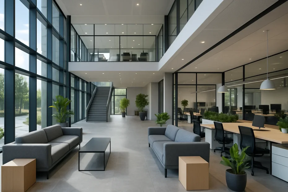 Modern business center in Nederland met glazen gevel en flexibele werkplekken.