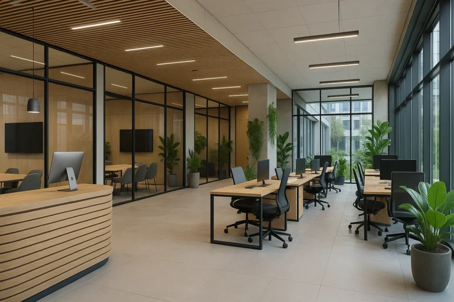 Modern business center met vergaderruimtes, coworkingruimtes, ergonomisch meubilair en duurzame inrichting.
