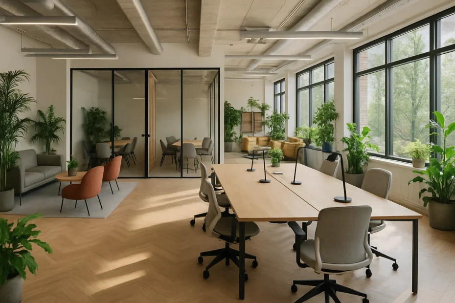 Coworkingruimte met open indeling, moderne voorzieningen en samenwerkingszones