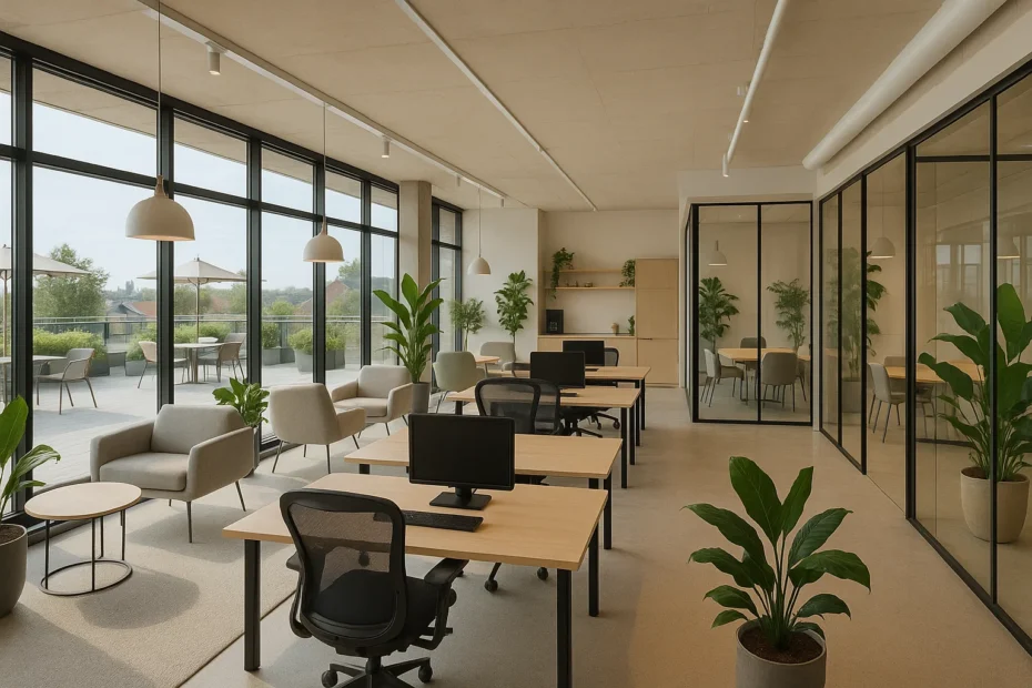 Moderne coworkingruimte in Nederland met open kantoorindeling, vergaderruimtes, loungezones en duurzame inrichting met veel licht en groen.