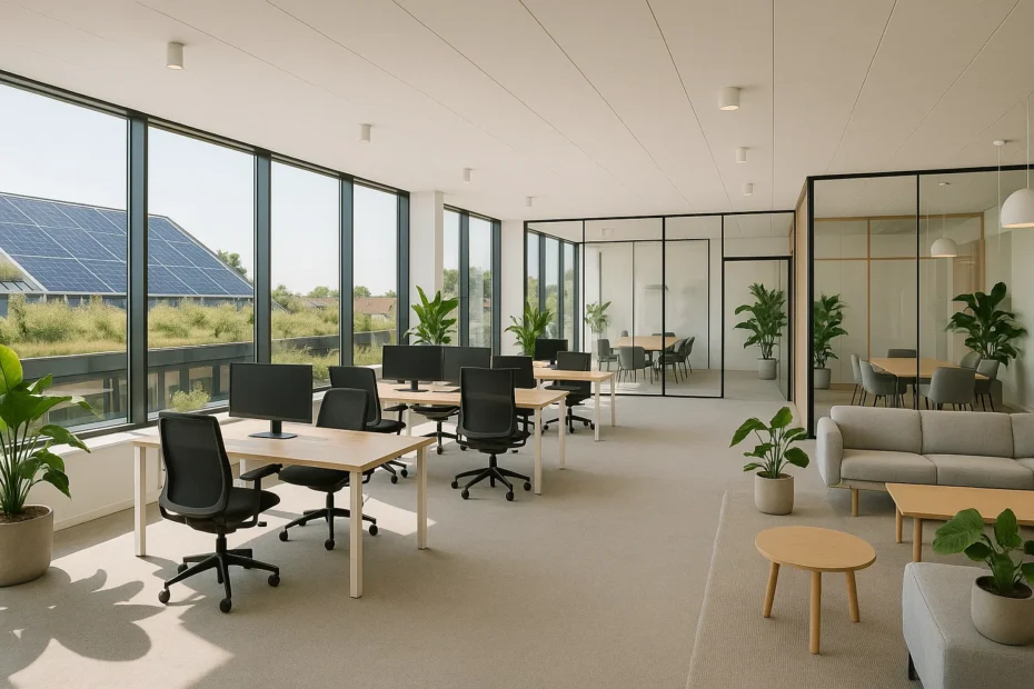 Moderne coworkingruimte in Nederland met open werkplekken, vergaderruimtes en duurzame inrichting met veel natuurlijk licht en groen.
