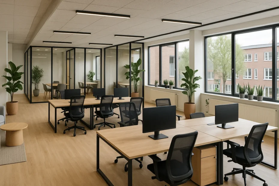 Moderne coworkingruimte met flexibele werkplekken en gedeelde faciliteiten