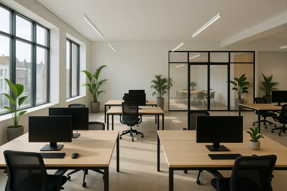 Fotorealistische afbeelding van een moderne coworkingruimte in Nederland met open werkplekken, vergaderruimtes en veel natuurlijk licht.