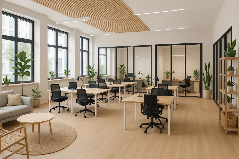Fotorealistische afbeelding van een moderne coworkingruimte met gedeelde bureaus, lichte inrichting en duurzame materialen in Scandinavische stijl.