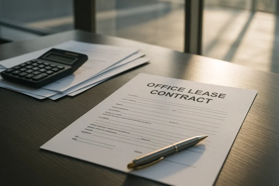 Fotorealistische close-up van een huurcontract en rekenmachine op een modern bureau, symbool voor transparante zakelijke huur en kostenbeheer.