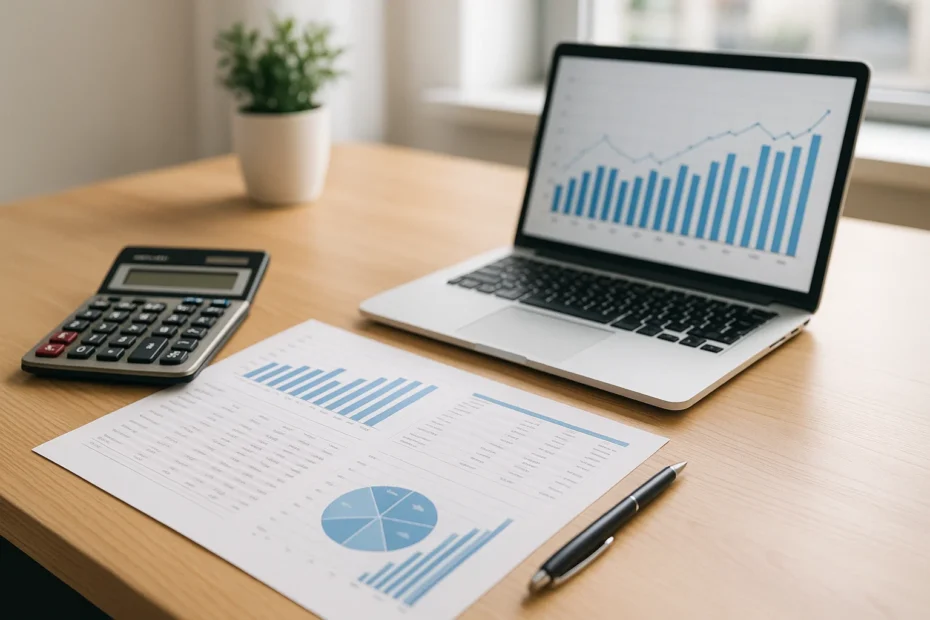 Fotorealistische werkruimte met financiële documenten en laptop op een modern bureau, symbool voor slim budgetteren en kostenbeheersing bij kantoorhuur.